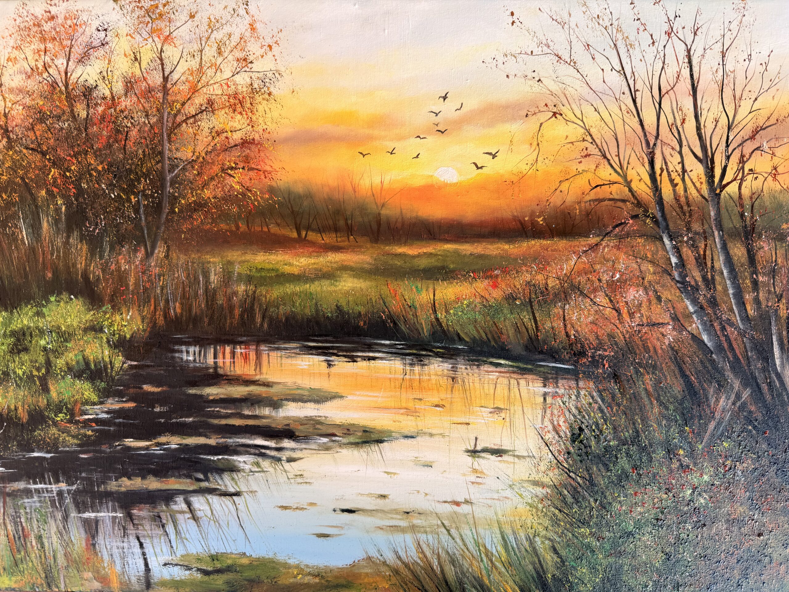 Autumn landscape painting with a calm river, warm sunset colors, trees, and birds in the sky